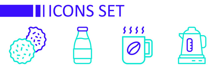 Set line Electric kettle, Coffee cup, Milk bottle and Cookie or biscuit icon. Vector