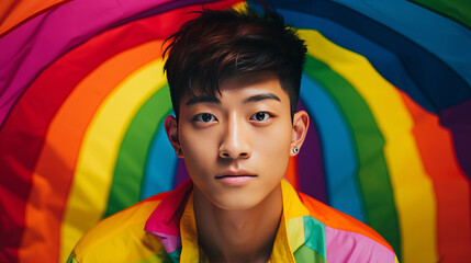 Portrait of an asian man with rainbow flag, generated with ai