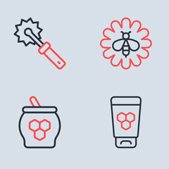 Set line Bee on flower, Jar of honey and dipper stick, Cosmetic tube with and Cutter roll for icon. Vector