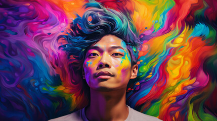 Portrait of an asian man with rainbow colors, generated with ai - obrazy, fototapety, plakaty