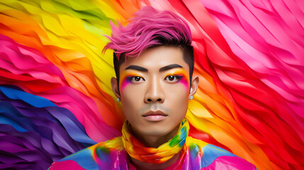 Portrait of an asian man with rainbow colors, generated with ai