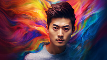 Portrait of an asian man with rainbow colors, generated with ai