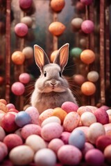 Fototapeta na wymiar Fête de Pâques, un adorable lapin entouré d'une multitude d'œufs colorés