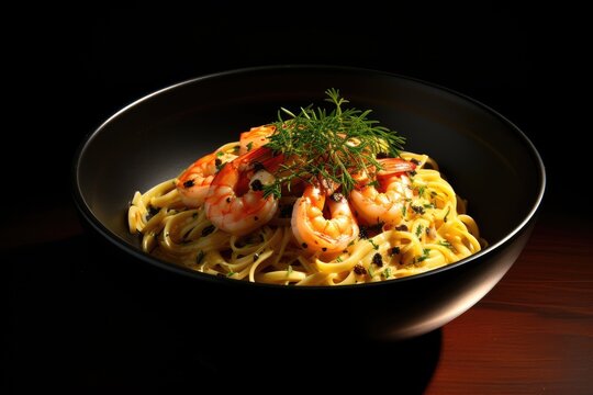 Po&ecirc;l&eacute;e de tagliatelles aux gambas, arri&egrave;re-plan noir