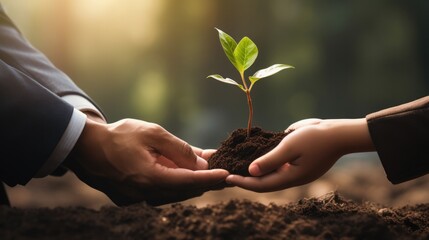 Hands businessman handing plant to child, Company committed to corporate social responsible, Eco business.