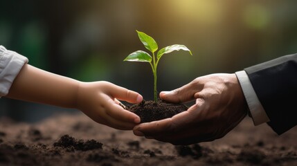 Hands businessman handing plant to child, Company committed to corporate social responsible, Eco business.