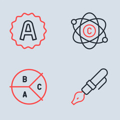 Set line Atom, Pie chart infographic, Fountain pen nib and Exam sheet with plus grade icon. Vector