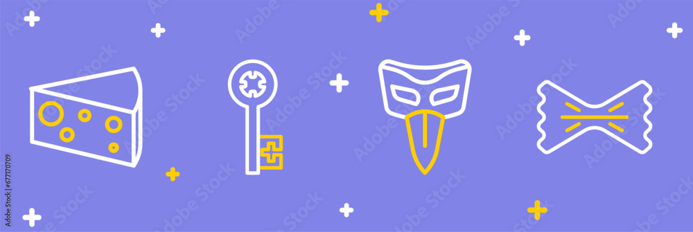 Canvas Prints Set line Macaroni, Carnival mask, Old key and Cheese icon. Vector