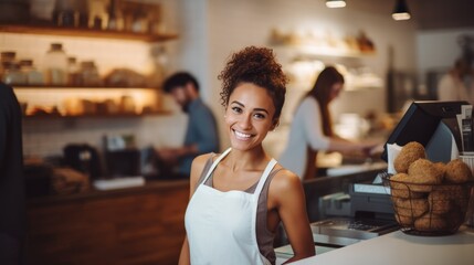 Portrait of Young adult woman standing in bakery shop. small business owner.