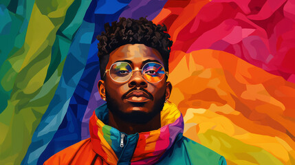 Fototapeta na wymiar Portrait of a black member of the LGBTQ community with rainbow colors, generated with ai
