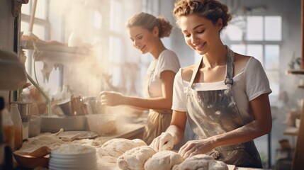 A Women preparing dough in bakery kitchen.