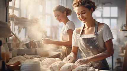 Foto op Canvas A Women preparing dough in bakery kitchen. © Oulaphone