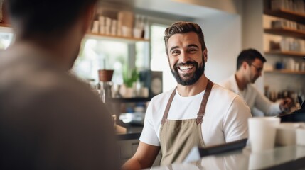 Fototapeta premium Portrait of handsome bearded barista man small business owner taking order with customer behind the counter bar in cafe. Coffee shop.