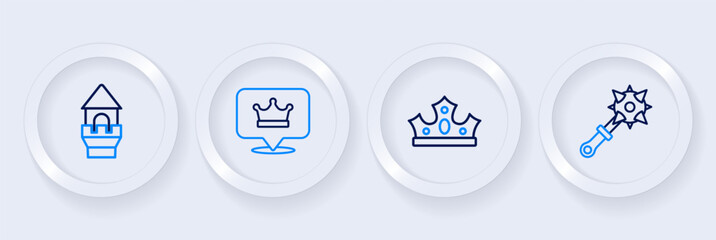 Set line Mace with spikes, King crown, and Castle tower icon. Vector - obrazy, fototapety, plakaty