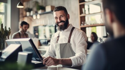 Portrait of handsome bearded barista man small business owner taking order with customer behind the counter bar in cafe. Coffee shop.