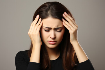 Young woman with severe migraine holding her head with her hands. health and medicine concept