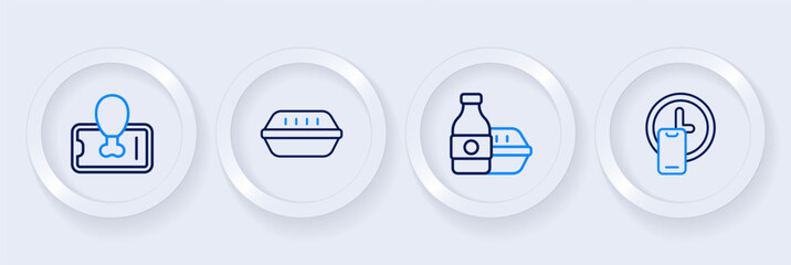 Set line Round the clock delivery, Online ordering food, Lunch box and Food on mobile icon. Vector