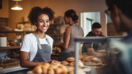 Poster Portrait of Young adult woman standing in bakery shop. small business owner. © Oulaphone