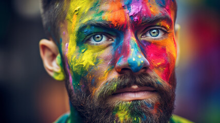 Close-up of a man with rainbow color face paint, generated with ai