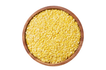 bowl of dry yellow lentils isolated on transparent background, top view