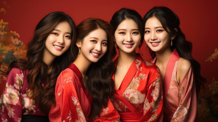 Fototapeta premium Smiling vogue Asian girls with Chinese traditional clothing, Chinese New Year background