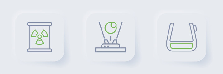 Set line Smart glasses on spectacles, Hologram and Radioactive waste in barrel icon. Vector