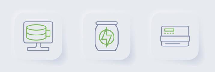 Set line Credit card, Energy drink and Cloud database icon. Vector