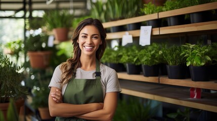 Fototapeta premium Owners women entrepreneurs smiling attractive wearing apron in potted plant store, Small business concept.