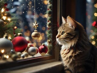 A cat looking out a window at christmas ornaments.
