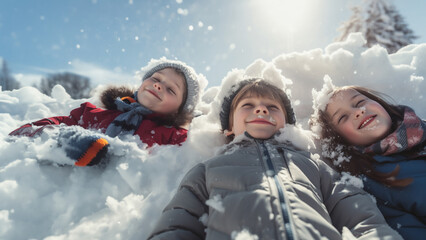 kids and snow, three friends enjoying snow on a sunny winter day.