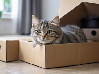 Cute grey tabby cat in cardboard box on floor at home