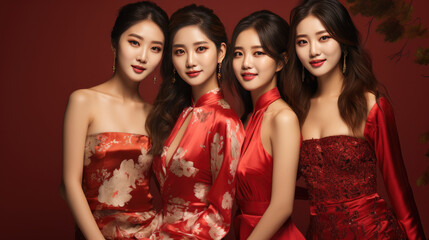 Obraz premium Smiling vogue Asian girls with Chinese traditional clothing