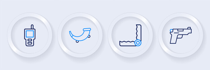 Set line Pistol or gun, Trap hunting, Hunting horn and Walkie talkie icon. Vector