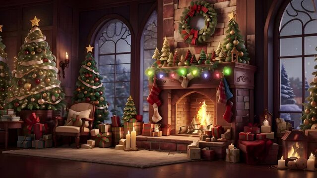Fireplace with Christmas decorations, seamless looping time-lapse virtual video Animation Background.