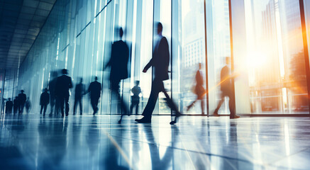 Blurred business people walking fast in the office corridor