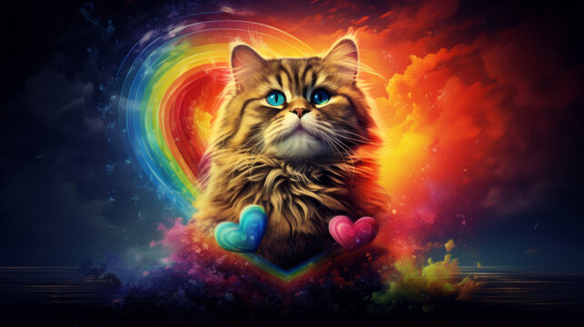 Painted portrait of a cat with a rainbow and hearts, generated with ai