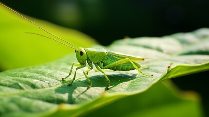 Fototapeta premium a close up of a green grasshopper on a leaf