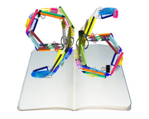 The shape of the number 96 is made of various kinds of stationery isolated on transparent background