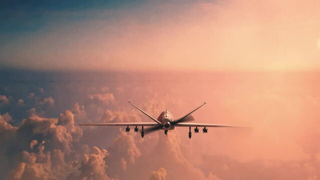Unmanned military drone flying in the sky above the clouds, American technology, 3d render. Concept: military reconnaissance drone, incident in the sky, war in Ukraine.