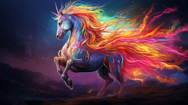 Painting of a beautiful unicorn with rainbow hair