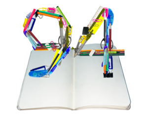 The shape of the number 94 is made of various kinds of stationery isolated on transparent background