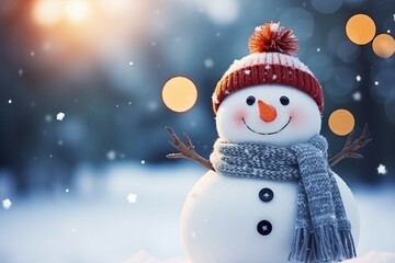 Close up snow man over blurred Christmas eve