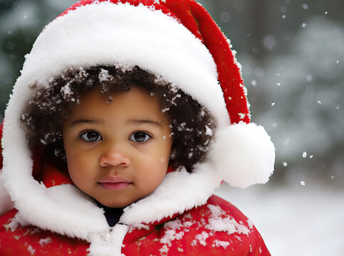 portrait of cute black toddler dressed as Santa outdoors in the snow