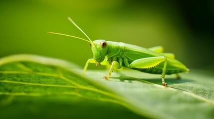 Fototapeta premium a close up of a green grasshopper on a leaf