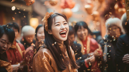 Obraz premium Happy vogue Asian girls with Chinese traditional clothing in Chinese new year street
