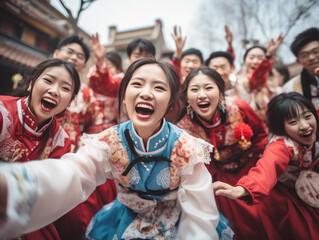 Happy vogue Asian girls with Chinese traditional clothing in Chinese new year street