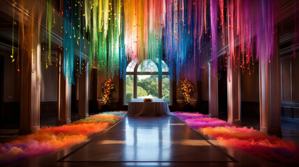 Wedding room decorated in rainbow colors, generated with ai