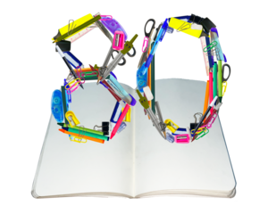 The shape of the number 80 is made of various kinds of stationery isolated on transparent background