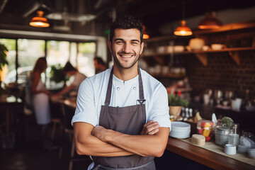 Obraz premium Happy young man chef in her restaurant with soft light and male owned business concept