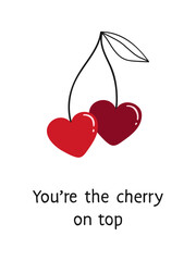 Valentine's day hand drawn greeting card. Simple design with heart shaped cherries.